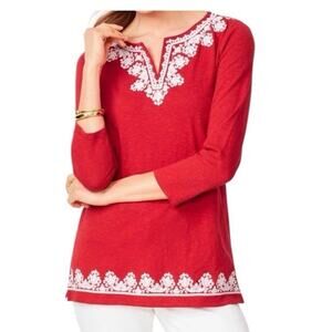 Talbots Women’s 2X Split Neck Embroidered Red Classic Tunic Top Boho